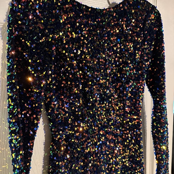 Blue Multi Color Sequin Long Sleeve Dress - Picture 4 of 7